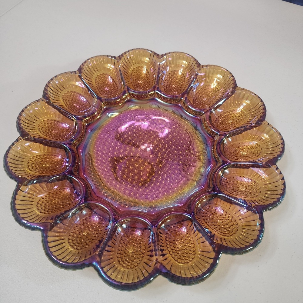 Vintage Indiana Glass amber colored Carnival Glass Deviled Egg Plate Tray Dish